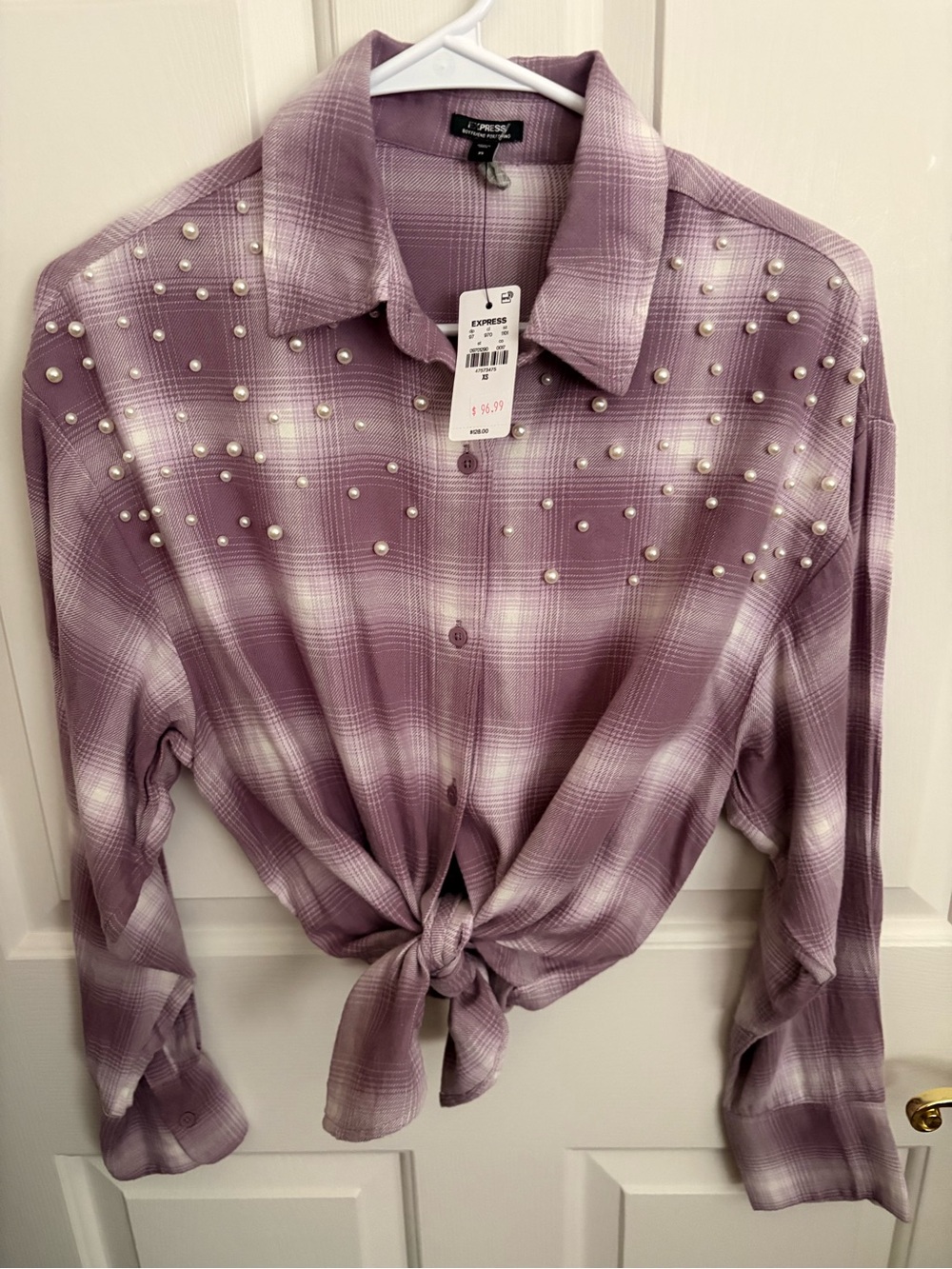 Express Lavender Plaid Pearl-Studded Tie-Front Button-Down (fits up to medium)